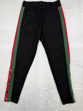 Plush Black Joggers with Red and Green Side Stripes